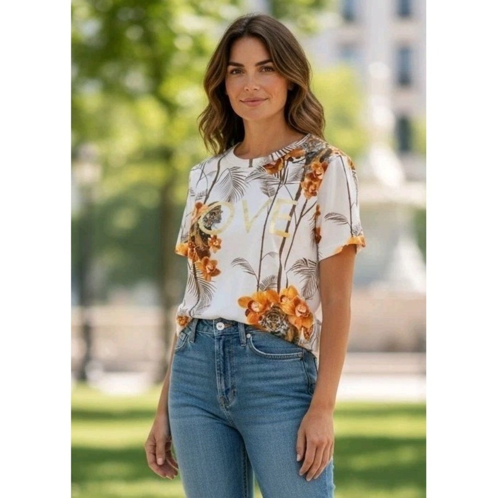 Ted Baker London Floral Tiger Gold Metallic Love Graphic Tropical Resortwear Top